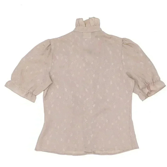 Vintage Tan Leaf Bib Ruffle Blouse Size Medium Short Puff Sleeve Summer Top - Picture 3 of 4